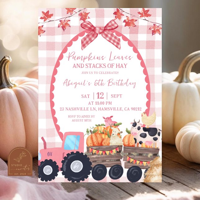 Fall Autumn Pink Farm Animal Birthday  Invitation (Creator Uploaded)