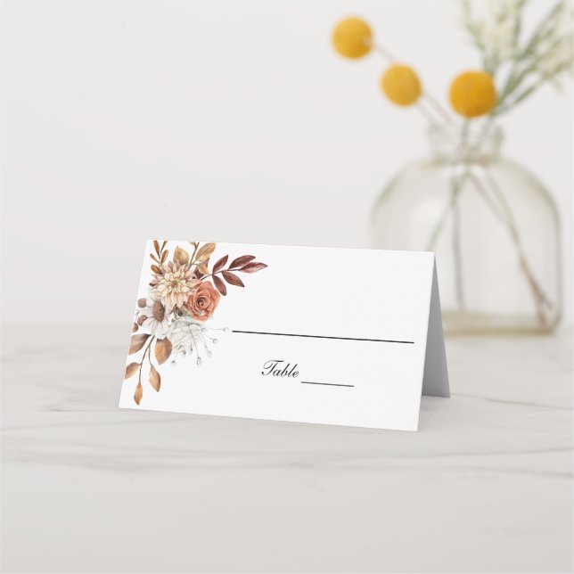 Fall Autumn Pink Peach White Brown Floral Table Place Card (Front)