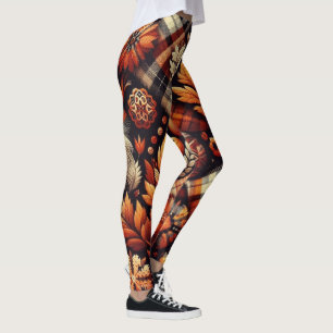 Fall Autumn Plaid Leaves Orange Black Beige Leggings