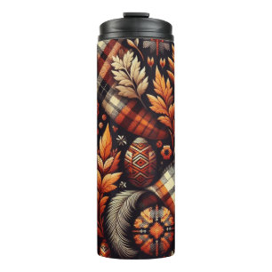 Fall Autumn Plaid Leaves Orange Black Beige Thermal Tumbler