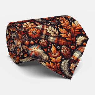 Fall Autumn Plaid Leaves Orange Black Beige Tie
