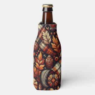 Fall Autumn Plaid Leaves Orange Black Pattern Bottle Cooler