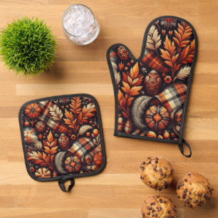 Fall Autumn Plaid Leaves Orange Black Pattern Oven Mitt & Pot Holder Set
