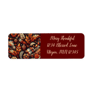 Fall Autumn Plaid Leaves Orange Black Pattern Return Address Label