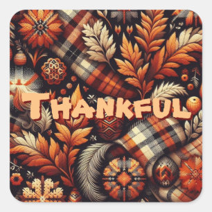 Fall Autumn Plaid Leaves Orange Black Pattern Square Sticker