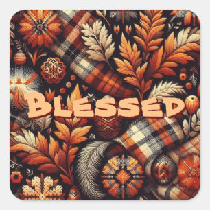 Fall Autumn Plaid Leaves Orange Black Pattern Square Sticker
