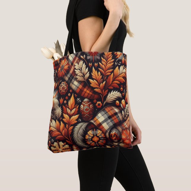 Fall Autumn Plaid Leaves Orange Black Pattern Tote Bag (Close Up)