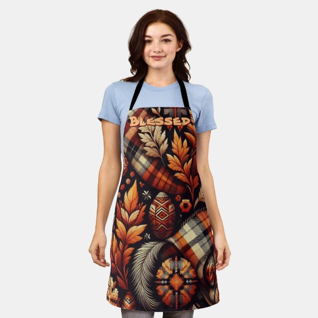 Fall Autumn Plaid Leaves Orange Personalised Apron (Worn)