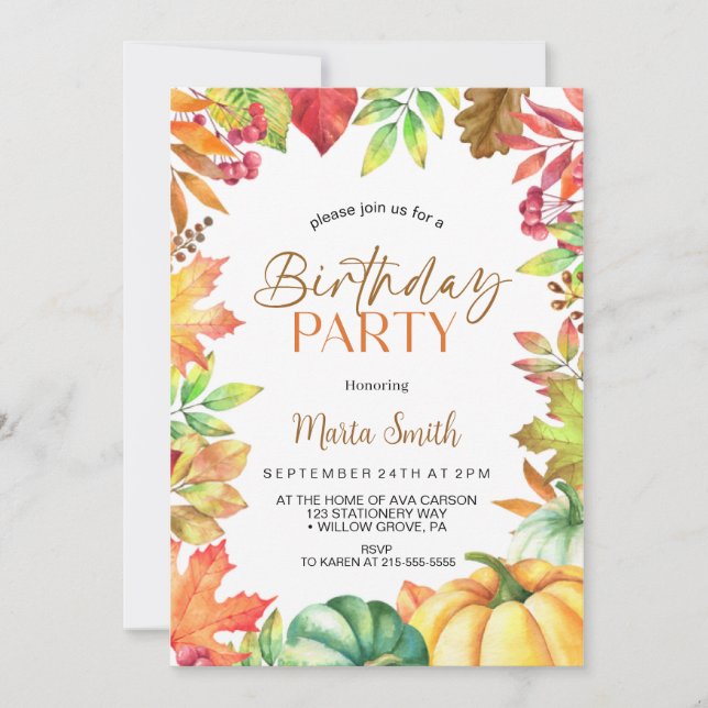 Fall Autumn pumpkin Birthday Party Invitation (Front)