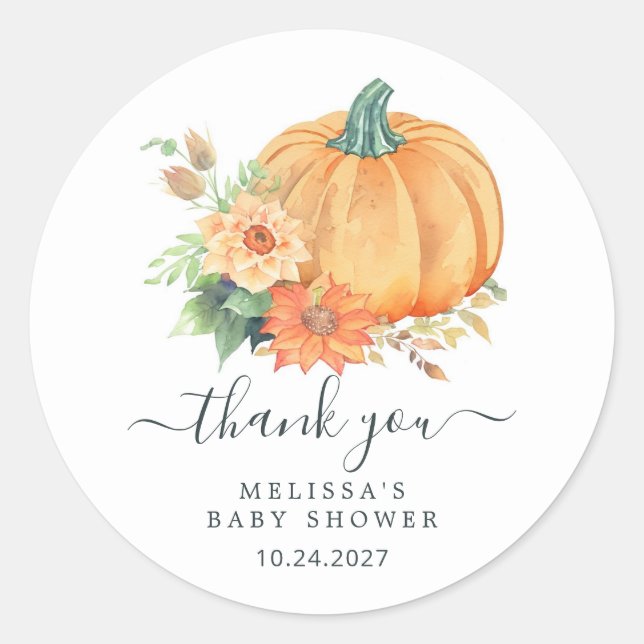 Fall/Autumn Pumpkin Floral Baby Shower Thank You  Classic Round Sticker (Front)
