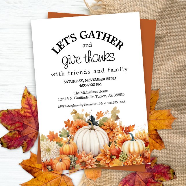Fall Autumn Pumpkin Lets Gather Thanksgiving Invitation (Rustic fall leaves and pumpkin theme let's gather give thanks Autumn Thanskgiving Invitation)