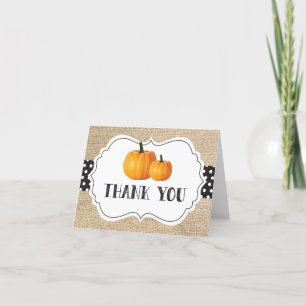 Fall Autumn Pumpkin Orange Black and White Burlap Thank You Card