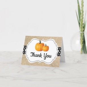 Fall Autumn Pumpkin Orange Black and White Burlap Thank You Card
