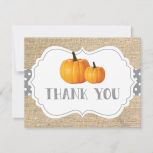 Fall Autumn Pumpkin Orange Grey and White Burlap Thank You Card