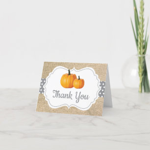Fall Autumn Pumpkin Orange Grey and White Burlap Thank You Card