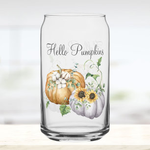 Fall Autumn Pumpkin Sunflower and Cotton Flowers Can Glass