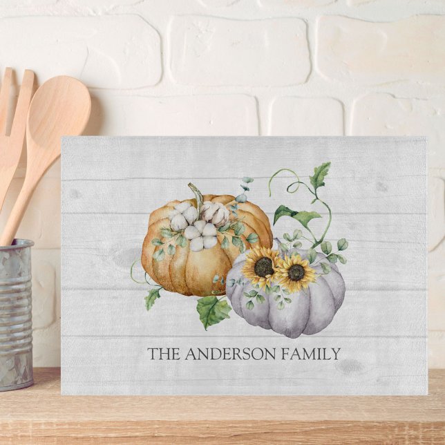 Fall Autumn Pumpkin Sunflower and Cotton Flowers Cutting Board (In situ)
