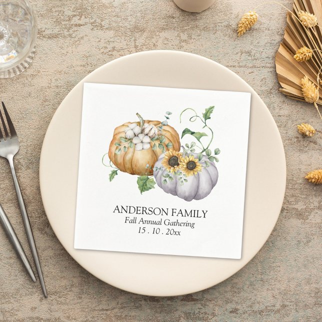 Fall Autumn Pumpkin Sunflower and Cotton Flowers Napkin (In situ)