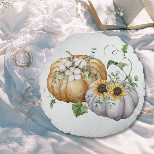Fall Autumn Pumpkin Sunflower and Cotton Flowers Round Cushion