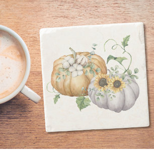 Fall Autumn Pumpkin Sunflower and Cotton Flowers Stone Coaster
