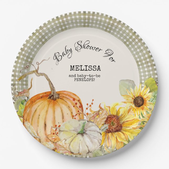 Fall Autumn Pumpkin Sunflower n Sage Green Gingham Paper Plate (Front)