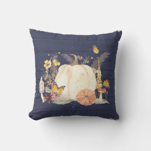Fall Autumn Pumpkin Wildflower Navy Blue Wood Cushion