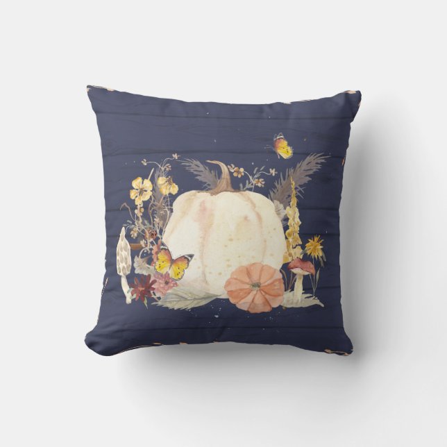 Fall Autumn Pumpkin Wildflower Navy Blue Wood Cushion (Front)