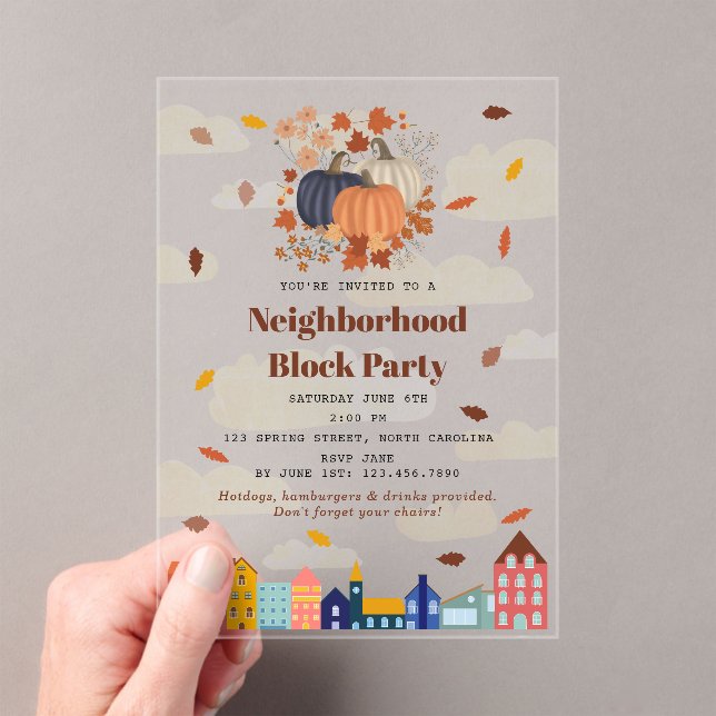 Fall Autumn Pumpkins Neighborhood Block Party Acrylic Invitations (Insitu (Handheld))