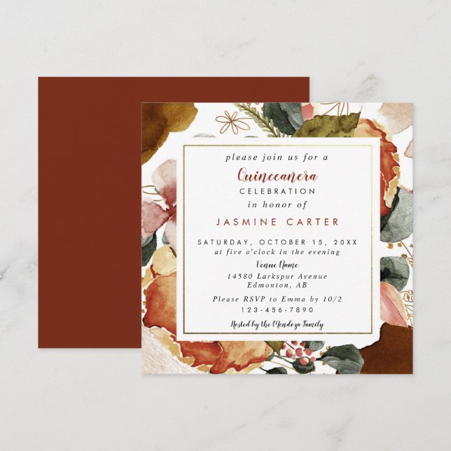 Fall Autumn Quinceañera Watercolor Flowers Orange Invitation (Front/Back)