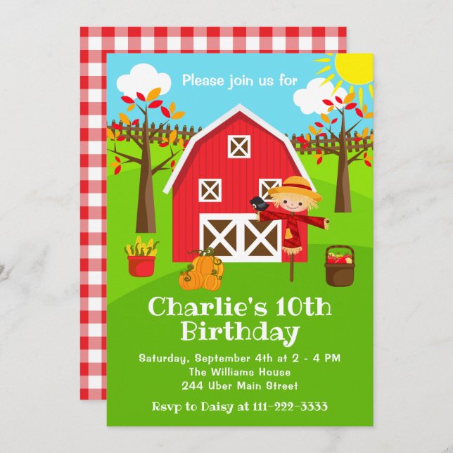 Fall Autumn Red Barnyard Birthday Invitation (Front/Back)