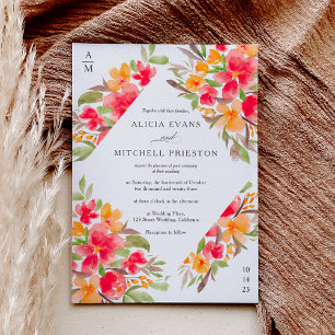 Fall autumn red orange floral watercolor wedding invitation