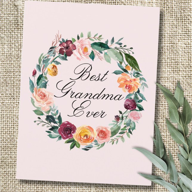 Fall Autumn Rose Flower Floral Wreath Best Grandma Postcard (In situ)