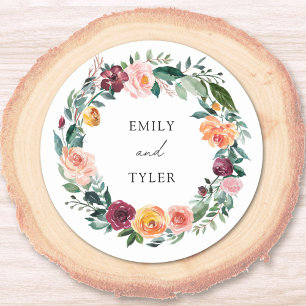 Fall Autumn Rose Flower Floral Wreath Wedding Classic Round Sticker