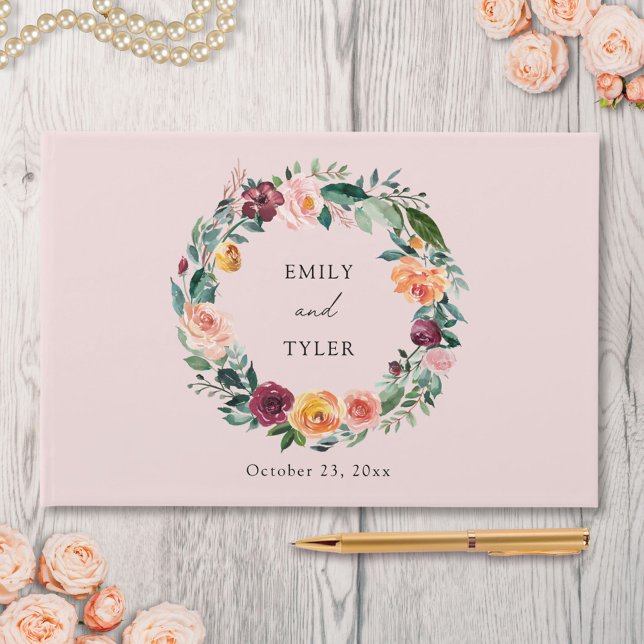 Fall Autumn Rose Flower Floral Wreath Wedding Guest Book (In situ)