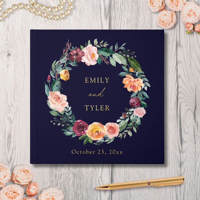 Fall Autumn Rose Flower Floral Wreath Wedding Guest Book (In situ)