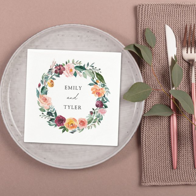 Fall Autumn Rose Flower Floral Wreath Wedding Napkin (In situ)