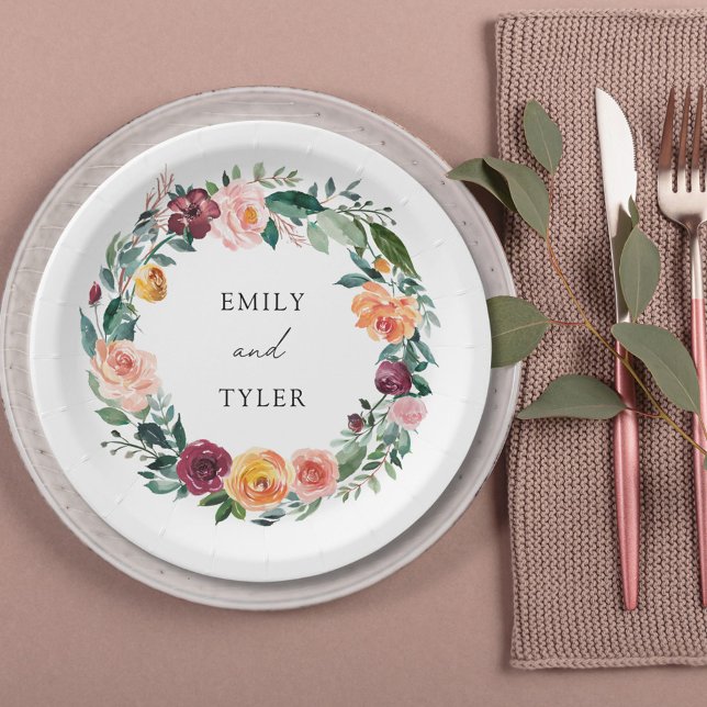 Fall Autumn Rose Flower Floral Wreath Wedding Paper Plate (In situ)