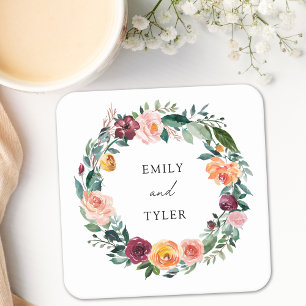 Fall Autumn Rose Flower Floral Wreath Wedding Square Paper Coaster