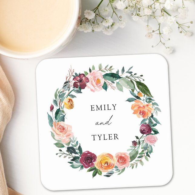 Fall Autumn Rose Flower Floral Wreath Wedding Square Paper Coaster (In situ)