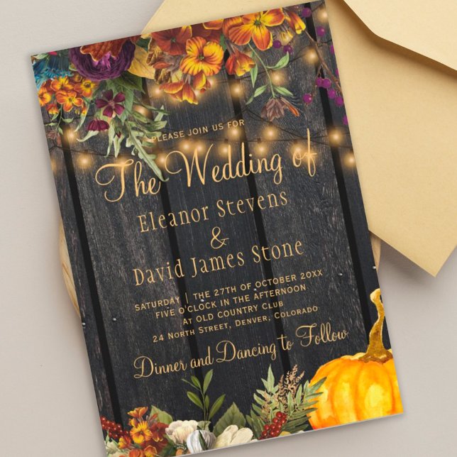 Fall autumn rustic barn wood floral wedding invitation (Creator Uploaded)