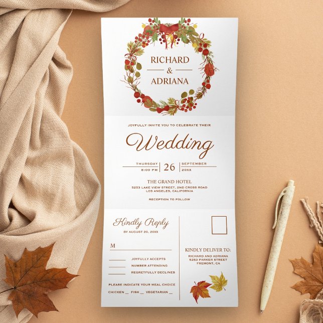 Fall Autumn Rustic Country Leaves Wreath Wedding Tri-Fold Invitation (Creator Uploaded)