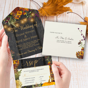 Fall autumn rustic floral wood pumpkin wedding all in one invitation