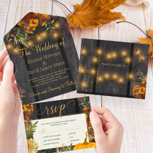 Fall autumn rustic floral wood pumpkin wedding all in one invitation
