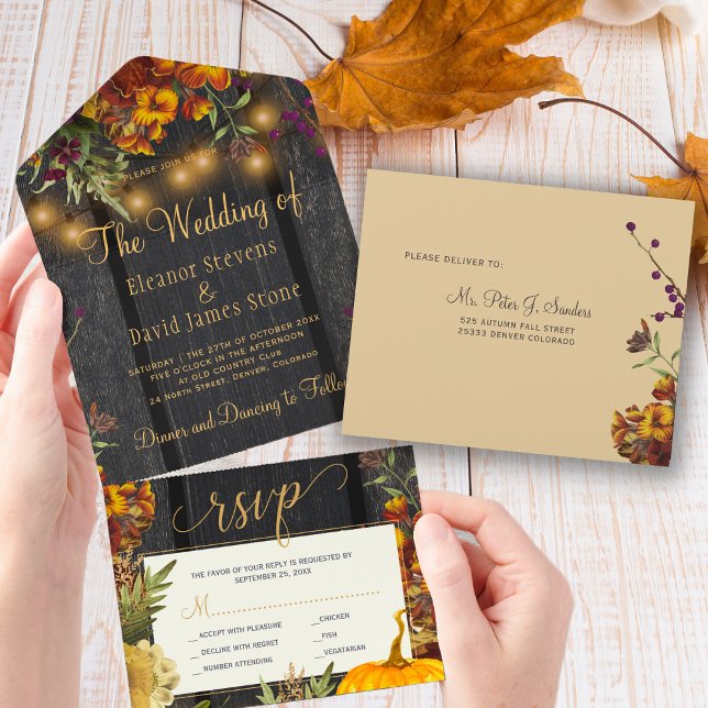 Fall autumn rustic floral wood pumpkin wedding all in one invitation (Creator Uploaded)