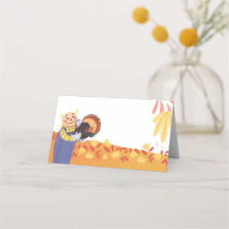 Fall Autumn Scarecrow and Turkey Place Card