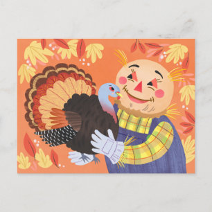 Fall Autumn Scarecrow and Turkey Postcard