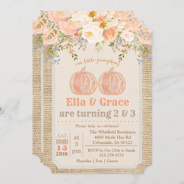 Fall Autumn Sibling Dual Twin Birthday Invitation (Front/Back)