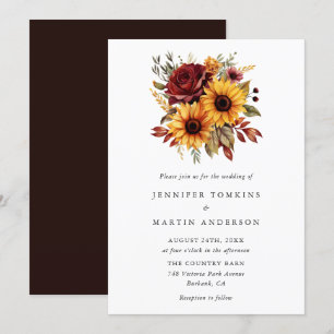 Fall Autumn Sunflower Red Rose Floral Wedding Invitation