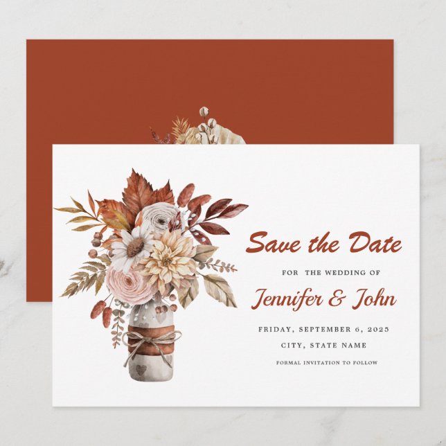 Fall Autumn Terracotta Rustic Floral Wedding Save The Date (Front/Back)