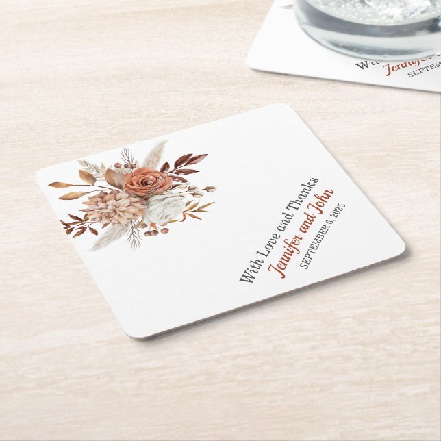 Fall Autumn Terracotta Rustic Floral Wedding Square Paper Coaster (Angled)